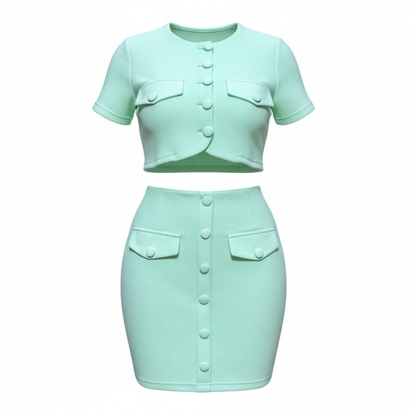 NWT XS Mint Green 2 Piece Mini Skirt Cardigan Set Retro Crop Y2k Trendy Vintage - Picture 1 of 7